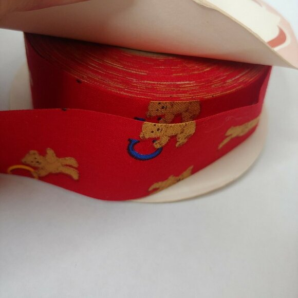 Vintage WFR Fabric Ribbon Spool Pair Teddy Bear Alphabet 1.25" Red Blue Kid Baby - Picture 5 of 6